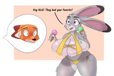 anthro big_breasts bikini bikini_bottom bikini_top blush bodily_fluids breast_squish breasts cleavage cleavage_overflow clothed clothing dessert dialogue duo female food food_on_breasts huge_breasts ice_cream male male/female melting_ice_cream purple_eyes squish sweat swimwear text thick_thighs tight_clothing tight_topwear topwear two-piece_swimsuit oliburgob disney zootopia judy_hopps nick_wilde canid canine fox lagomorph leporid mammal rabbit 2026 absurd_res english_text hi_res