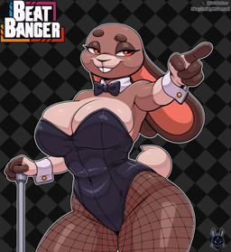 4_fingers anthro bedroom_eyes big_breasts big_ears black_background black_bow_tie bottomwear bow_tie breasts brown_body brown_ears brown_eyebrows brown_eyelids brown_fingers brown_fur buckteeth bunny_costume checkered checkered_background cleavage clothed clothed_anthro clothed_female clothing costume eyebrows eyelashes female female_anthro fingers fishnet_bottomwear fishnet_clothing fishnet_legwear front_view fur gesture grey_background half-closed_eyes hand_gesture legwear multicolored_body multicolored_ears multicolored_fur narrowed_eyes navel_outline outline pattern_background pink_inner_ear pointing pupils raised_eyebrow red_eyes scut_tail seductive shirt_collar shirt_cuffs short_tail simple_background smile solo standing tail tan_body tan_fur tan_tail teeth text thick_thighs white_outline wide_hipped_anthro wide_hipped_female wide_hips skay_smidyth_samuel beat_banger bunfan_games elaine_claire lagomorph leporid mammal rabbit 2026 absurd_res artist_name digital_media_(artwork) hi_res