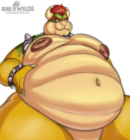 anthro areola armband belly big_belly bracelet collar hair hand_on_belly horn jewelry low-angle_view male moobs mostly_nude mouth_closed navel nipples non-mammal_nipples nude obese obese_anthro obese_male overweight overweight_anthro overweight_male scales smile solo spiked_armband spiked_bracelet spiked_collar spikes husky2paws mario_bros nintendo bowser koopa scalie 2026 hi_res signature