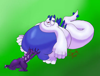 3_toes 5_fingers ambiguous_gender anthro belly big_belly bodily_fluids duo feet fingers grope hyper morbidly_obese obese obese_anthro open_mouth overweight overweight_anthro pushing simple_background smile standing sweat tail thick_tail toes snekkobean nintendo pokemon generation_2_pokemon generation_3_pokemon legendary_pokemon lugia pokemon_(species) shadow_lugia shadow_pokemon 2021 absurd_res digital_media_(artwork) hi_res watermark
