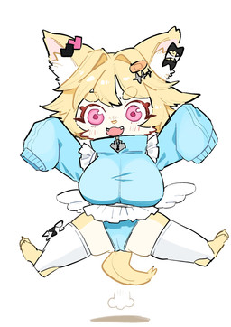 anthro big_breasts blonde_hair blush breasts chibi clothing fangs female hair inner_ear_fluff jacket jumping legwear long_sleeves pink_eyes solo spiky_hair spread_legs spreading tail teeth thigh_highs topwear tuft white_clothing white_legwear white_thigh_highs havilaladlf felid feline mammal hi_res