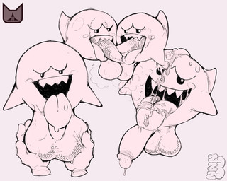 anthro balls big_balls bodily_fluids cum cum_in_mouth cum_inside cum_on_face cum_on_tongue fellatio genital_fluids genitals group huge_balls hyper hyper_balls hyper_genitalia male male/male oral penile penis sex tongue tongue_out zzz3 mario_bros nintendo boo_(mario) ghost spirit hi_res
