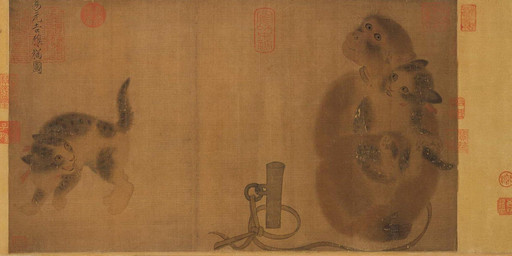 ambiguous_feral ambiguous_gender carrying_another collar cradling digitigrade feral fur group looking_at_another looking_back looking_back_at_another pawpads paws pupils quadruped raised_tail simple_background sitting slit_pupils smile standing tail text trio young young_ambiguous young_feral yi_yuanji domestic_cat felid feline felis haplorhine macaque mammal monkey old_world_monkey primate rhesus_macaque 11th_century ancient_art chinese_text hi_res painting_(artwork) traditional_media_(artwork) traditional_painting_(artwork)