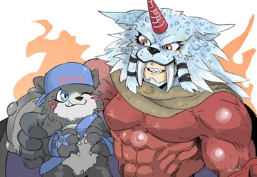 abs anthro backwards_baseball_cap backwards_hat baseball_cap biceps black_body black_fur clothing duo fur hat headgear headwear horn male muscular muscular_male one_eye_closed pecs smile wink mimi_02525 bandai_namco digimon digimon_story:_time_stranger bearmon digimon_(species) humanoid marsmon brother_(lore) brothers_(lore) sibling_(lore)