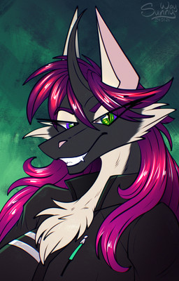 abstract_background anthro clothing equis_universe fangs female fluffy fur horn jacket smile solo teeth topwear sunny_way sunny_way_(character) ki'rinaes hi_res portrait