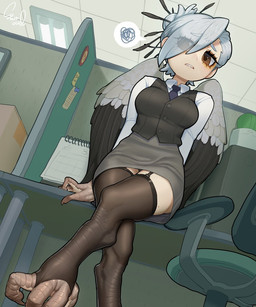 4_toes anisodactyl avian_feet bird_legs brown_eyes claws clothed clothing cubicle feathers feet female frustrated garter_straps hair humor inside legwear office pun scales sitting solo thigh_highs toes upskirt visual_pun white_hair wings sparrowl european_mythology greek_mythology mythology accipitriform animal_humanoid avian avian_humanoid bird harpy humanoid mythological_avian mythological_creature secretary_bird 5:6 hi_res
