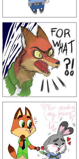 anthro barefoot blush bottomwear buckteeth clothed clothing dialogue duo feet flower fully_clothed fur grey_body grey_fur heart_symbol holding_object interrobang necktie orange_body orange_fur pants plant rose_(flower) sharp_teeth shirt speech_bubble teeth text topwear white_body white_fur octomar1995 disney zootopia judy_hopps nick_wilde canid canine fox lagomorph leporid mammal rabbit red_fox true_fox 1:3 2020 comic english_text hi_res