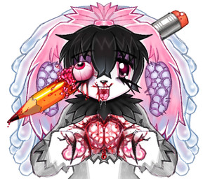 ambiguous_gender anthro black_hair blood bodily_fluids eyeball eyelashes gore hair pawpads pencil_(object) red_eyes simple_background solo teeth tongue tongue_out white_background alunka canid canine canis domestic_dog mammal hi_res
