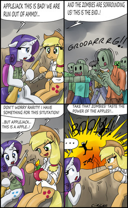backpack blonde_hair blue_eyes clothing cowboy_hat cutie_mark dialogue exclamation_point explosion explosives female feral freckles green_eyes grenade gun hair handgun hat headgear headwear horn lighter purple_hair ranged_weapon revolver shirt shotgun tail text topwear weapon ciriliko friendship_is_magic hasbro microsoft minecraft mojang my_little_pony mythology xbox_game_studios applejack_(mlp) rarity_(mlp) creeper_(minecraft) earth_pony equid equine horse mammal mythological_creature mythological_equine pony undead unicorn zombie 2013 absurd_res comic crossover english_text hi_res
