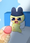 anthro anus balls bed blue_eyes blush duo foreskin furniture genitals hand_on_penis humanoid_genitalia humanoid_penis male on_bed open_mouth penis pillow spread_legs spreading vein veiny_penis yellow_body young 0227 tamagotchi mametchi human mammal absurd_res hi_res