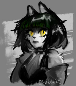 anthro bangs black_clothing black_ears black_hair black_lips black_lipstick black_nose black_topwear bob_cut cheek_tuft choker clothing collar eyelashes facial_tuft female fur glistening glistening_hair green_hair grey_background grey_clothing grey_topwear hair highlights_(coloring) jewelry lips lipstick makeup necklace pupils simple_background slit_pupils solo spiked_choker spiked_collar spikes topwear tuft white_body yellow_eyes bracketsxxx domestic_cat felid feline felis mammal clip_studio_paint_(artwork) digital_media_(artwork) hi_res signature