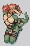 anthro balls bdsm bondage bound chastity_cage chastity_device flaccid genitals hair kneeling looking_at_viewer male penis red_hair restraints rope rope_bondage rope_harness solo stylized_chastity_cage submissive submissive_male mightynsfw_(artist) scalie hi_res