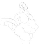 anthro anthro_pred belly big_belly big_breasts breasts featureless_breasts female female_pred fully_inside hand_on_hip licking licking_lips looking_at_belly looking_down motion_lines navel pupils same_size_vore scales slit_pupils solo struggling thick_thighs tongue tongue_out vore dpronin lizard reptile scalie digital_media_(artwork) hi_res line_art monochrome sketch