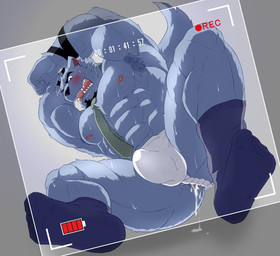 abs angry anthro anus armpit_hair asian_clothing beard biceps blue_body blue_fur blush bodily_fluids body_hair bound bulge butt camera_view clothed clothing cum cum_in_ass cum_inside east_asian_clothing erection erection_under_clothing facial_hair fangs footwear fundoshi fur genital_fluids genitals goatee japanese_clothing legwear looking_at_viewer male muscular muscular_anthro muscular_male necktie nipples open_mouth orgasm pecs penis pink_nipples recording sharp_teeth simple_background skimpy socks solo submissive submissive_male sweat teeth tenting topless underwear tamura_kazumasa canid canine canis domestic_dog mammal hi_res restricted_palette