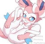 anthro blue_eyes blush breasts featureless_breasts female genitals pussy small_breasts solo spread_legs spreading white_body moodang nintendo pokemon eeveelution generation_6_pokemon pokemon_(species) sylveon absurd_res hi_res