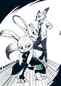 accessory anthro bottomwear clothed clothing crouching duo feet female fingers green_eyes jewelry long_ears male narrowed_eyes necklace necktie pants purple_eyes standing toes topwear pangolenz disney zootopia judy_hopps nick_wilde canid canine european_rabbit fox lagomorph leporid mammal oryctolagus rabbit red_fox true_fox hi_res monochrome spot_color