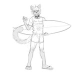 1:1 2022 anthro banoncat banoncat_(character) bell bell_collar claws clothing collar domestic_cat felid feline felis footwear gesture hand_gesture hi_res holding_object holding_surfboard looking_at_viewer male mammal monochrome ok_sign shirt shoes short siamese simple_background slippers solo surfboard surfer t-shirt text text_on_clothing text_on_shirt text_on_topwear topwear