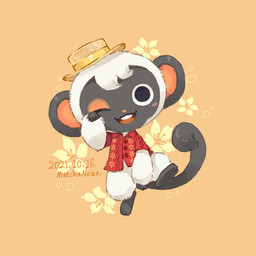 3_toes blush clothing feet fingers fur grey_body hat headgear headwear long_tail male one_eye_closed open_mouth orange_background semi-anthro shirt simple_background solo tail toes topwear white_body white_fur matchaneko animal_crossing nintendo niko_(animal_crossing) grey_langur haplorhine langur mammal monkey old_world_monkey primate 1:1 2021 digital_media_(artwork) signature