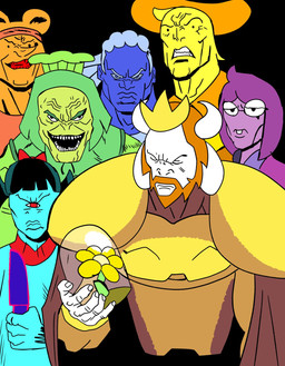 ambiguous_gender angry anthro armor female flower male plant conmasitco deltarune image_comics invincible_(image_comics) thragg_and_viltrumites_panel undertale_(series) aqua_(deltarune) asgore_dreemurr blue_(deltarune) green_(deltarune) orange_(deltarune) seth_(deltarune) yellow_(deltarune) boss_monster_(undertale) bovid caprine elemental_creature flora_fauna flower_creature goat humanoid mammal mouse murid murine rodent hi_res