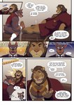 absurd_res age_difference aldrich_haynes_(thepurp) anthro bathrobe blake_(thepurp) blush bottomless bottomless_male bow_tie canid canine canis chest_tuft clothed clothing comic dialogue dobermann domestic_dog duo embarrassed english_text felid foot_rub hi_res hudson_(thepurp) jewelry laugh lion male male/male mammal mane mature_male muscular muscular_male necklace older_male open_mouth pantherine pecs pinscher procyonid raccoon robe text thepurp thick_thighs topwear tuft vest yawn