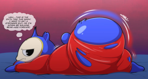 annoyed anthro bed big_butt blue_body blue_fur bodysuit butt butt_jiggle clothing dialogue fur furniture huge_butt humor jiggling looking_back lying male motion_lines on_front onomatopoeia pun skinsuit solo sound_effects tail text thought_bubble tight_clothing torn_bodysuit torn_clothing torn_skinsuit tepigfan101 atlus megami_tensei persona_(series) persona_4 sega teddie_(persona) bear mammal absurd_res hi_res