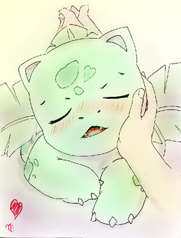 ambiguous_gender blush blush_lines caressing claws disembodied_hand duo eyes_closed fangs feral flower green_body humanoid_hands leaf plant simple_background teeth touching_face lahuncham nintendo pokemon elemental_creature flora_fauna generation_1_pokemon ivysaur pokemon_(species)