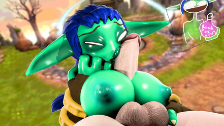 areola balls big_balls big_breasts big_penis blue_hair breast_expansion breast_play breasts brown_clothing brown_eyebrows brown_fingerless_gloves brown_gloves brown_handwear clothing duo empty_eyes expansion eyebrows female fingerless_gloves genitals glans gloves green_areola green_body green_ears green_lips green_nipples green_skin hair handwear holding_object holding_potion humanoid_pointy_ears kissing lips male mask nipples not_furry penis penis_kissing pink_glans pointy_ears ponytail potion sex tan_body tan_skin titfuck white_eyes reversemilkman activision skylanders stealth_elf_(skylanders) elf human humanoid mammal 16:9 2026 3d_(artwork) 4k absurd_res colored digital_media_(artwork) hi_res shaded widescreen
