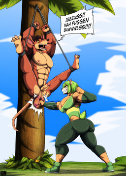 anthro anthro_on_anthro ball_punching ballbusting balls bottomwear bound cfnm clothing cock_and_ball_torture duo exercise female genital_torture genitals male male/female pain pants penis plant punch speech_bubble tree workout yoga_pants juniorjosi activision crash_bandicoot_(series) ami_bandicoot pinstripe_potoroo bandicoot macropod mammal marsupial potoroo absurd_res hi_res