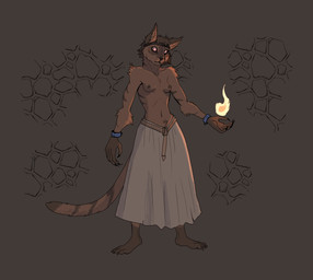 accessory anthro barefoot bottomwear breasts brown_body brown_fur clothed clothing elemental_manipulation feet female fire fire_manipulation front_view fur fur_markings headband looking_at_viewer magic_user markings simple_background skirt small_breasts solo topless topless_anthro topless_female garbagegarage microsoft the_elder_scrolls felid khajiit mammal hi_res