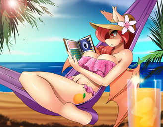 anthro bat_wings beach beverage bikini book breasts cleavage clothed clothing detailed_background female glass hammock hat headgear headwear membrane_(anatomy) membranous_wings outside palm_tree plant pupils red_eyes sand sea seaside sky slit_pupils solo sun swimwear tree two-piece_swimsuit water wings chacrawarrior hasbro my_little_pony fan_character peach_blossom_(oc) bat_pony equid mammal 2017 absurd_res hi_res