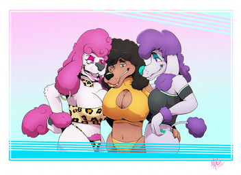 anthro big_breasts big_snout bikini breasts brown_body brown_fur brown_hair clothing curly_hair ear_piercing ear_ring eye_contact female female/female fluffy fluffy_ears fluffy_tail fur goodgirlquinn group hair half-closed_eyes holding_each_other long_ears long_muzzle looking_at_another makeup miami_clip narrowed_eyes nipple_outline open_mouth panther_print pawpads piercing pink_background pink_body pink_fur pink_hair puffy_hair purple_body purple_fur purple_hair ring_piercing simple_background smile standing swimwear tail teeth trio two-piece_swimsuit wide_hips rip_k lavender_(rip_k) rip_kackel canid canine canis domestic_dog mammal poodle 2019