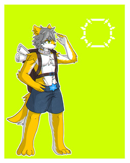 anthro backpack biped border bottomwear chest_tuft clothed clothing collar digitigrade fur grey_hair hair male pose shorts simple_background solo standing topless tuft white_border yellow_eyes unknown_artist canid canine canis domestic_dog mammal 4:5 hi_res