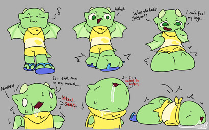 2_horns 3_toes anthro blue_clothing blue_footwear bottomwear claws clothing cock_transformation expansion feet flip_flops foot_expansion footwear green_arms green_ears green_eyes green_feet green_legs green_tail head_horn horn kerchief light_horn light_wings male mind_alteration monotone_horn neckerchief neckwear pants plantigrade precum_from_mouth sandals shirt shoes smooth_horn solo tail text toes topwear torn_bottomwear torn_clothing torn_pants torn_shoes transformation wing_claws wings yellow_bottomwear yellow_clothing yellow_pants yellow_shirt yellow_topwear nomani_int32 european_mythology mythology wasabi_(nomani_int32) dragon mythological_creature mythological_scalie scalie western_dragon wyvern 16:10 english_text sequence widescreen
