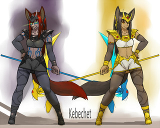 anthro axe breasts brown_body clenched_teeth clothed clothing duo ear_piercing ear_ring egyptian fangs female fluffy fluffy_tail fur green_eyes grey_body grey_fur hair holding_object holding_weapon melee_weapon multicolored_body multicolored_fur open_mouth painting_(object) partially_clothed piercing red_body red_eyes red_fur red_hair ring_piercing simple_background smile tail teeth two_tone_body two_tone_fur weapon link2004 animal_humanoid canid canid_humanoid canine canine_humanoid canis humanoid mammal mammal_humanoid wolf wolf_humanoid 5:4 hi_res