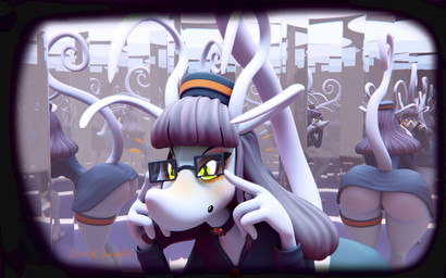 anthro bangs bent_over big_butt black_clothing black_suit blush blush_lines bottomwear brown_hair butt choker clothing curled_tail eyewear female female_anthro glasses glowing glowing_eyes green_eyes hair hat headgear headwear huge_butt jewelry legband long_snout long_tail looking_at_mirror looking_at_object miniskirt mirror mirror_reflection necklace orange_clothing orange_panties orange_underwear panties pupils reflection skirt small_waist snout solo suit tail thick_thighs underwear unusual_pupils white_body siakstuff siak_no'fethk alien 3d_(artwork) digital_media_(artwork) hi_res