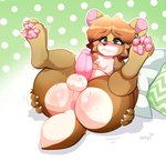 animal_genitalia anthro anus balls big_butt bite biting_lip blush bodily_fluids brown_body brown_fur brown_hair brown_nose butt butt_focus butt_grab femboy fur genitals green_eyes hair hand_on_butt legs_up lying male on_back pawpads paws penis perineum pillow pink_anus pink_penis presenting presenting_anus presenting_balls presenting_hindquarters presenting_penis short_tail solo sweat sweatdrop sweaty_butt tail tail_anus white_body white_fur taffyy alondight mammal mustelid otter hi_res