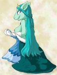 anthro biped blue_eyes blue_hair breasts female hair kneeling looking_at_viewer looking_back nipples royalty smile solo unknown_artist neopets bovid caprine kyrii mammal neopet_(species) royal_neopet hi_res