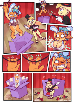 anthro areola areola_slip arms_tied big_breasts blonde_hair bodily_fluids bound bow_tie box breast_growth breasts bunny_costume clenched_teeth clothed clothing container costume duo eyes_closed fake_ears fake_rabbit_ears feet female fingers flower footwear fur gloves growth hair handwear hat headgear headwear high_heels holding_object leotard magic_trick magic_wand nipple_outline one_eye_closed plant rope rose_(flower) shoes smile stage standing suit sweat sweatdrop tail teeth toes top_hat worried worried_look luchosfactory activision crash_bandicoot_(series) spyro_the_dragon bianca_(spyro) pirate_tawna bandicoot lagomorph leporid mammal marsupial rabbit absurd_res digital_media_(artwork) hi_res