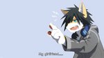 black_hair clothing dialogue electronics hair headphones kemono male open_mouth solo text sollyz haruz canid canine canis domestic_dog mammal 16:9 english_text widescreen