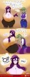 anthro big_breasts breasts clothed clothing collar duo female fully_clothed fur green_hair hair huge_breasts overweight patreon_logo purple_body purple_fur purple_hair smile speech_bubble standing tail tape_measure text year daigo patreon katie_tinson shina_(daigo) ailurid mammal mouse murid murine red_panda rodent 2015 absurd_res english_text hi_res url