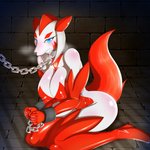 anthro blue_eyes blue_pupils blush body_blush bound breasts breath captured chain chained clothed clothing collar cuff_(restraint) female footwear fur looking_at_viewer pupils red_body red_clothing red_footwear red_fur red_tail restraints shackles solo tail teeth kemojin canid canine mammal 1:1 2018 alternate_version_at_source hi_res