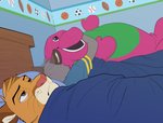 anthro bed brown_eyes cuddling detailed_background duo fur furniture grey_body grey_fur hug inner_ear_fluff male male/male on_bed pink_nose plushie sleeping tan_body tan_fur tuft unimpressed whiskers colt3n ah_yes._me._my_girlfriend. barney_and_friends pbs barney_the_dinosaur brooks_(colt3n) jack_(colt3n) canid canine canis felid mammal pantherine wolf 2020 digital_media_(artwork) hi_res meme