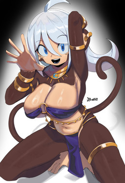 anthro armlet big_breasts blue_eyes bottomwear bracelet breasts brown_body brown_fur cleavage clothed clothing female front_view fur gold_(metal) gold_bracelet gold_jewelry hair jewelry kneeling legband loincloth long_tail o-ring piercing skimpy solo tail thighlet tribal white_hair geistbox luna_(geistbox) haplorhine mammal monkey primate absurd_res hi_res