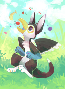 ambiguous_gender anthro back_wings banana beak black_body black_feathers blue_eyes blue_sky blue_tongue cherry cloud digitigrade eating eating_food eating_fruit feathered_wings feathers food fruit melon open_beak open_mouth plant semi-anthro sky solo tail tongue tree watermelon white_body white_feathers white_inner_ear wings yellow_beak yassui mythology avian bird gryphon mythological_avian mythological_creature toucan 2014 digital_media_(artwork) digital_painting_(artwork) full-length_portrait hi_res painting_(artwork) portrait shaded