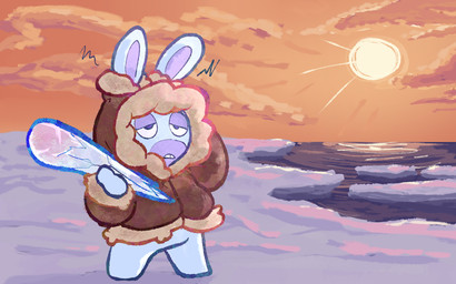 anthro arctic bottomless bottomless_anthro bottomless_male brown_clothing brown_coat brown_topwear clothed clothed_anthro clothed_male clothing cloud coat evening featureless_feet feet fur half-closed_eyes holding_icicle holding_object ice icicle light long_ears male male_anthro mitten_hands narrowed_eyes noseless orange_sky outside purple_body purple_eyelids purple_eyes purple_inner_ear purple_skin sea sky snow solo standing sun teeth tooth_gap topwear water white_body white_fur critterzone13 rabbids_invasion_(series) raving_rabbids rayman_(series) ubisoft lagomorph mammal rabbid 2023 colored digital_drawing_(artwork) digital_media_(artwork) english_description lighting shaded