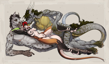 2_horns 4_toes 5_fingers abs anthro areola barbell_piercing biped black_hair black_horn blue_eyes breasts brown_body brown_fur brown_tail claws closed_smile countershade_fur countershade_torso countershading ear_piercing ear_tuft eye_contact fangs feet female female_anthro finger_claws fingers fur genitals green_eyes green_hair green_mane green_pawpads grey_background grey_body grey_fur grey_scales grey_tail group hair horn humanoid_genitalia humanoid_hands humanoid_vulva imminent_group_sex imminent_sex imminent_threesome industrial_piercing innie_vulva interspecies larger_male long_ears long_tail looking_at_another lying lying_on_another male male/female male_anthro mane mane_hair markings medium_breasts mmf mouth_closed navel navel_piercing nipple_barbell nipple_piercing nipples nude nude_anthro nude_female nude_male on_back one_fang pawpads piercing red_eyes red_hair scales short_hair simple_background size_difference smaller_female smile snaggle_tooth snout spots spotted_body spotted_fur striped_body striped_markings striped_scales striped_tail stripes tail tail_mane tail_markings teeth toe_claws toes trio tuft vulva white_horn bastika mythology kari_(yeen_shield) dragon equid equine horse mammal mythological_creature mythological_scalie scalie wingless_dragon 2025 digital_drawing_(artwork) digital_media_(artwork)