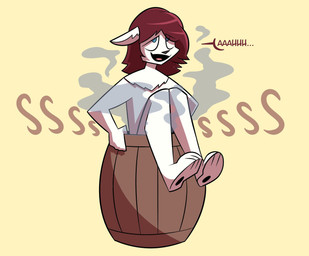 anthro barrel blue_eyes fur hair male nude red_hair solo steam white_body white_fur mythabyss aaron_moonfang canid canine canis mammal wolf hi_res