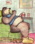 anthro archived_source bd bear belly big_belly biped clothing colored_pencil_(artwork) deep_navel eating food footwear fur lazy legwear male mammal mouth_full navel overweight overweight_anthro overweight_male pizza shirt sitting socks solo tank_top topwear traditional_media_(artwork) weight_gain