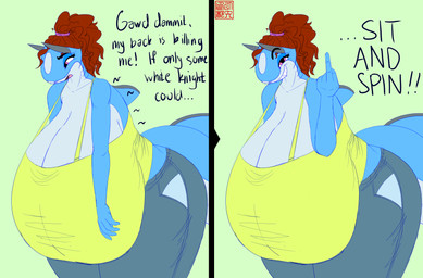 2_panel_comic 5_fingers anthro bared_teeth big_breasts big_tail black_text blue_arms blue_body blue_skin blue_tail bottomwear breasts clothed clothed_anthro clothed_female clothing female female_anthro fin fingers fully_clothed fully_clothed_anthro fully_clothed_female gesture green_background green_clothing green_shirt green_topwear grey_bottomwear grey_clothing grey_ears grey_pants hair hand_gesture huge_breasts huge_tail hyper hyper_breasts middle_finger non-mammal_breasts pants pink_eyes pink_hair_tie pink_scrunchie red_hair sharp_teeth shirt showing_teeth simple_background solo tail teeth text topwear white_body white_breasts white_skin yellow_clothing yellow_shirt yellow_topwear shannon_shark_(artist) shannon_shark aquatic carpet_shark fish ginglymostomatid nurse_shark shark absurd_res comic english_text hi_res
