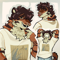 anthro biped black_eyes black_stripes brown_hair fur hair looking_at_viewer male orange_body orange_fur solo stripes tongue tongue_out white_body white_fur khipart felid mammal pantherine tiger 2025